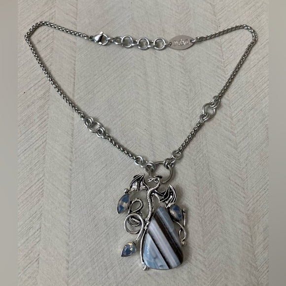 925 sterling silver overlay stripped agate iridescent opalite dragon necklace - Picture 11 of 12